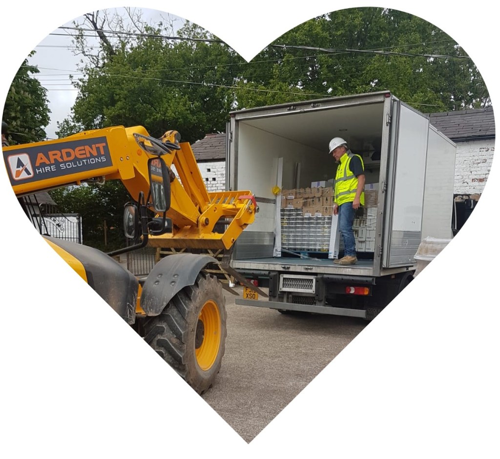 Our van being loaded via telehandler